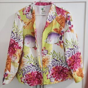 Kulakula 100% Silk Floral Hawaiian Tropical Blazer Jacket Fish Womens Large